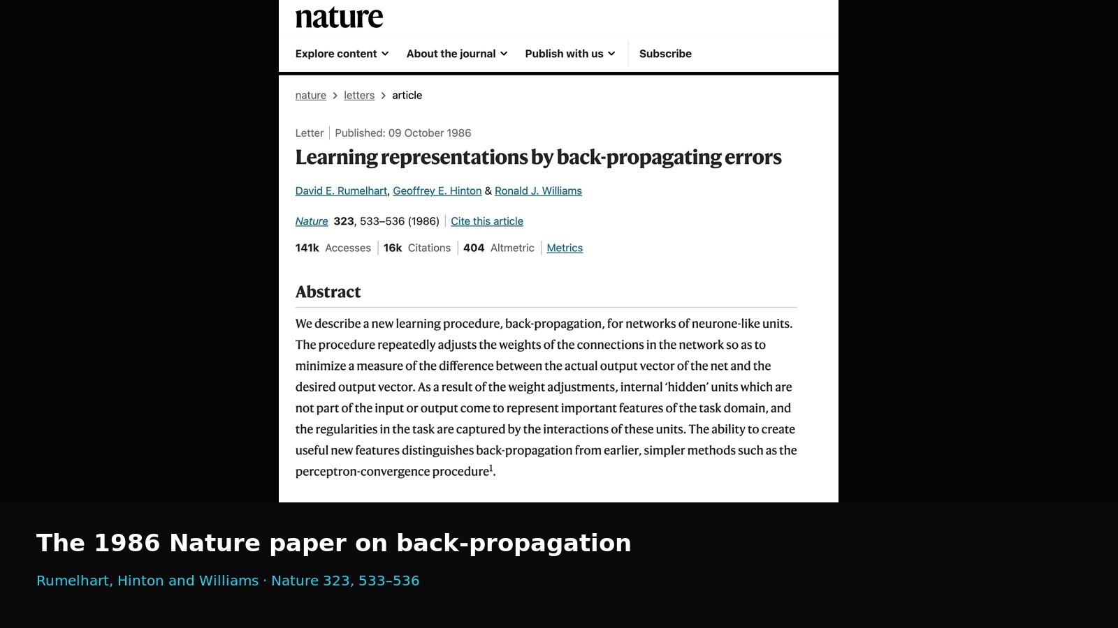 The 1986 Nature paper Learning representations by back-propagating errors